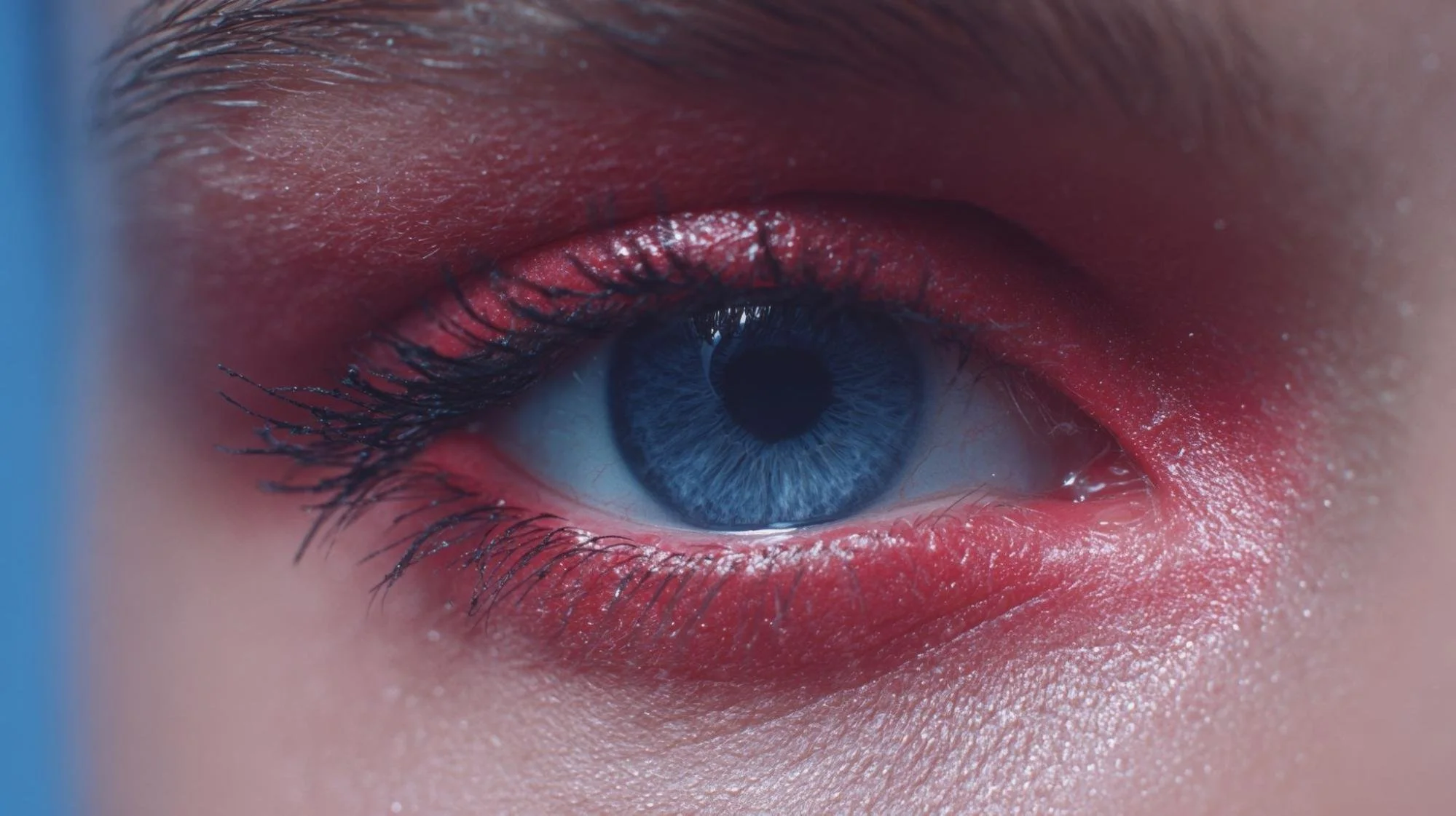 Close up of a blue eye with redness and irritation around the eye and on the eyelid