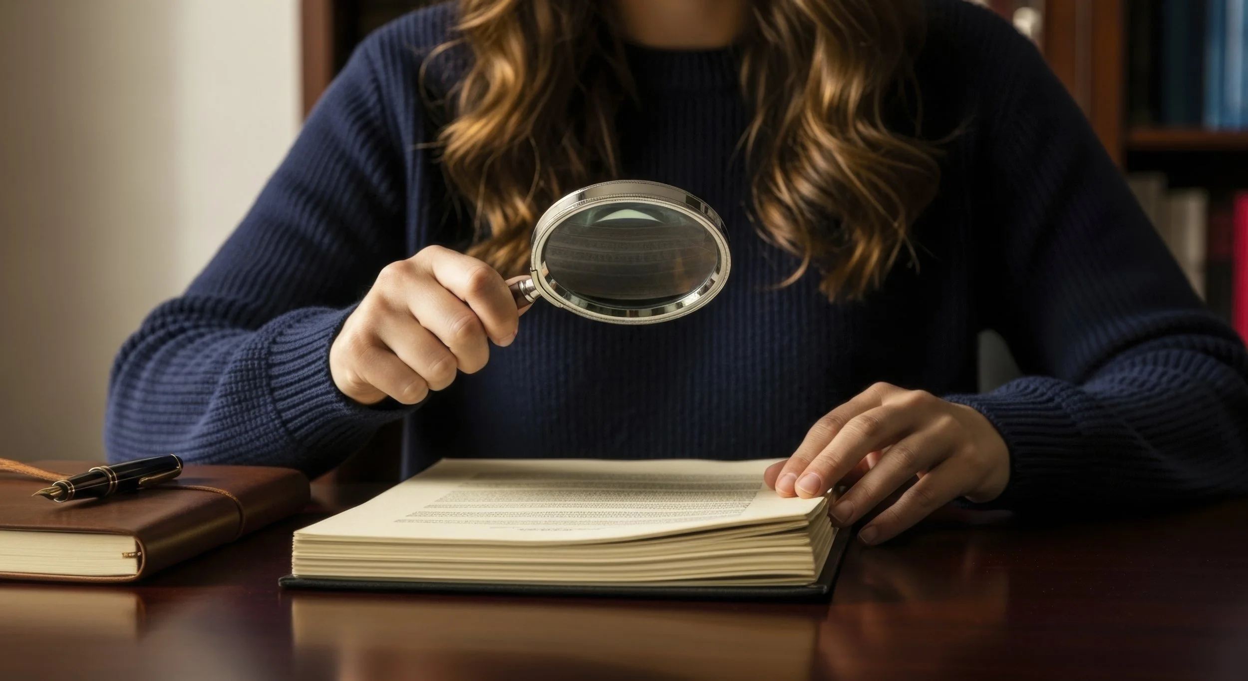 Person reading a book with a magnifying glass in a library or study setting | Dr. Robert Meade | Public Speaker & Vision Consultant | Presentations about Eyes and Vision
