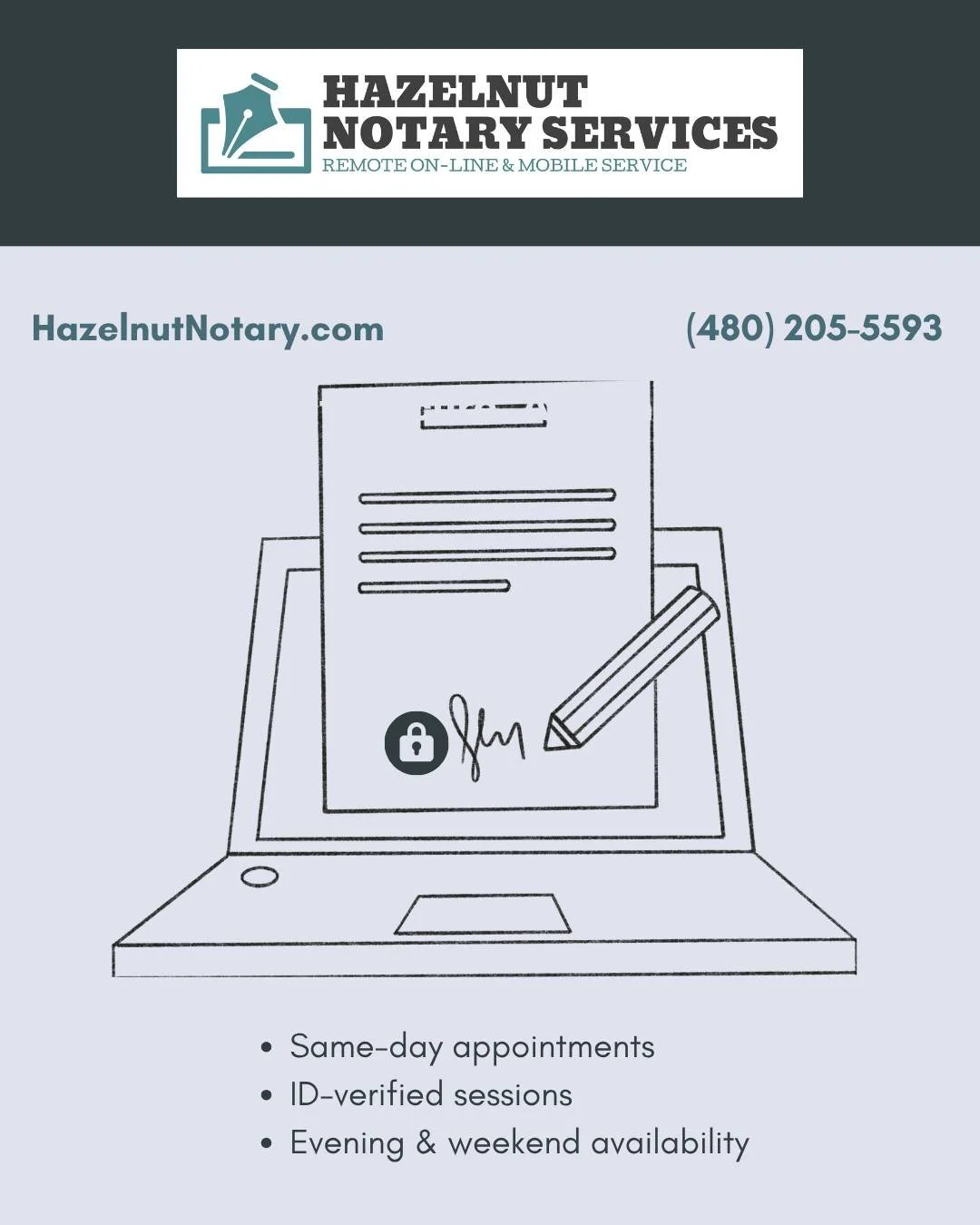 Remote notarization made simple. Hazelnut Notary offers same‑day appointments, ID‑checked sessions, and evening/weekend availability&mdash;anywhere you are. Book your spot today HazelnutNotary.com