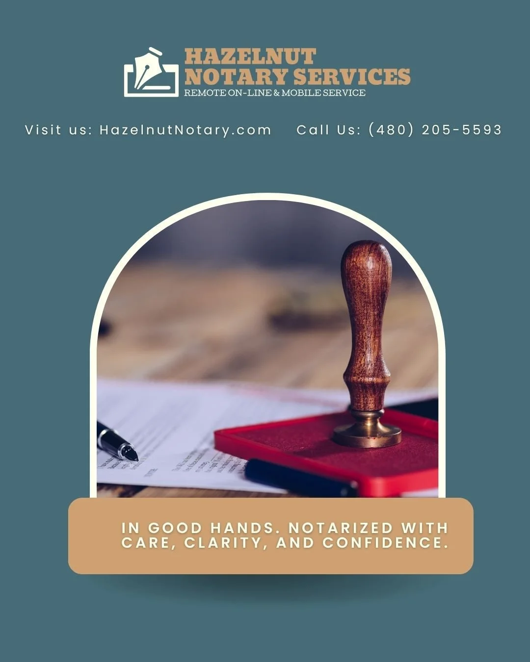 In good hands. Notarized with care, clarity, and confidence. Call (480) 205-5593 or book online at HazelnutNotary.com