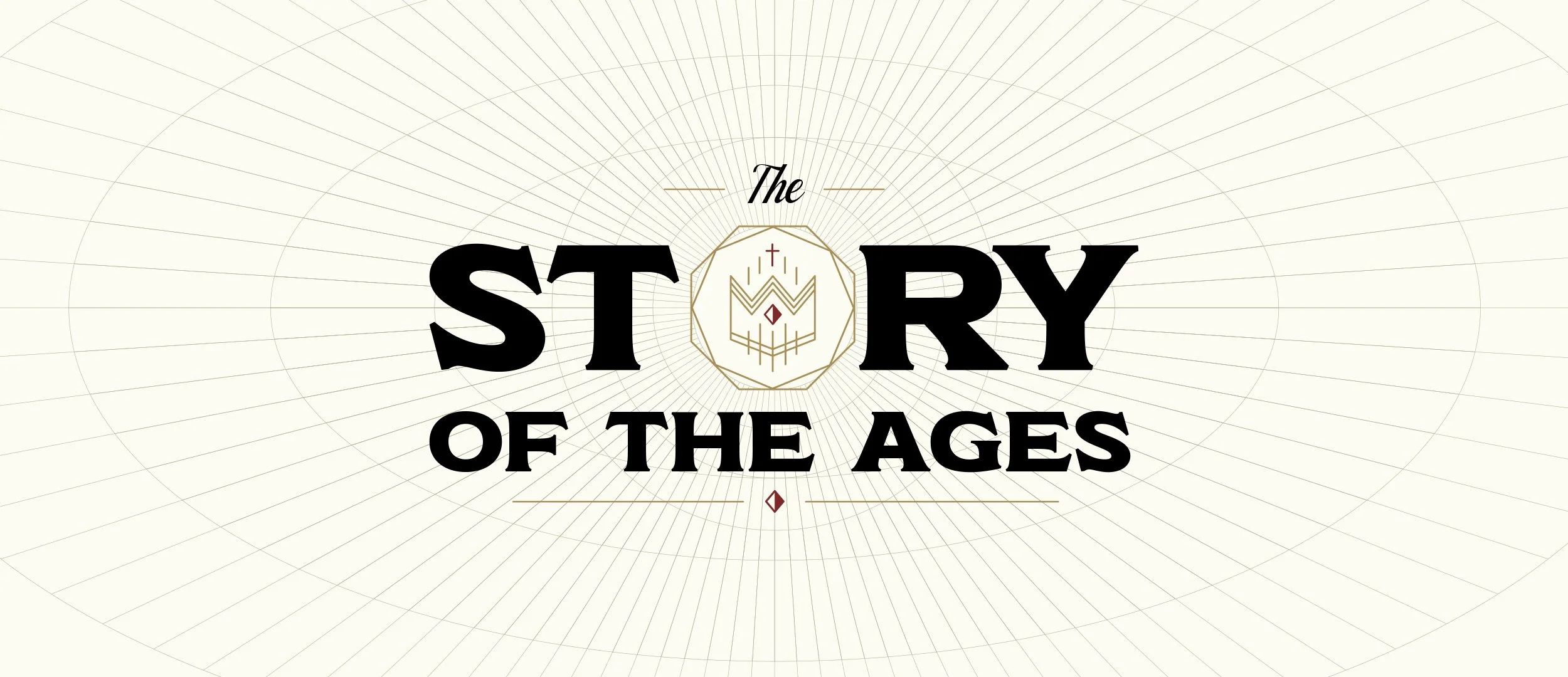The title says 'The Story of the Ages' with a geometric emblem in the center on a subtle lined background.