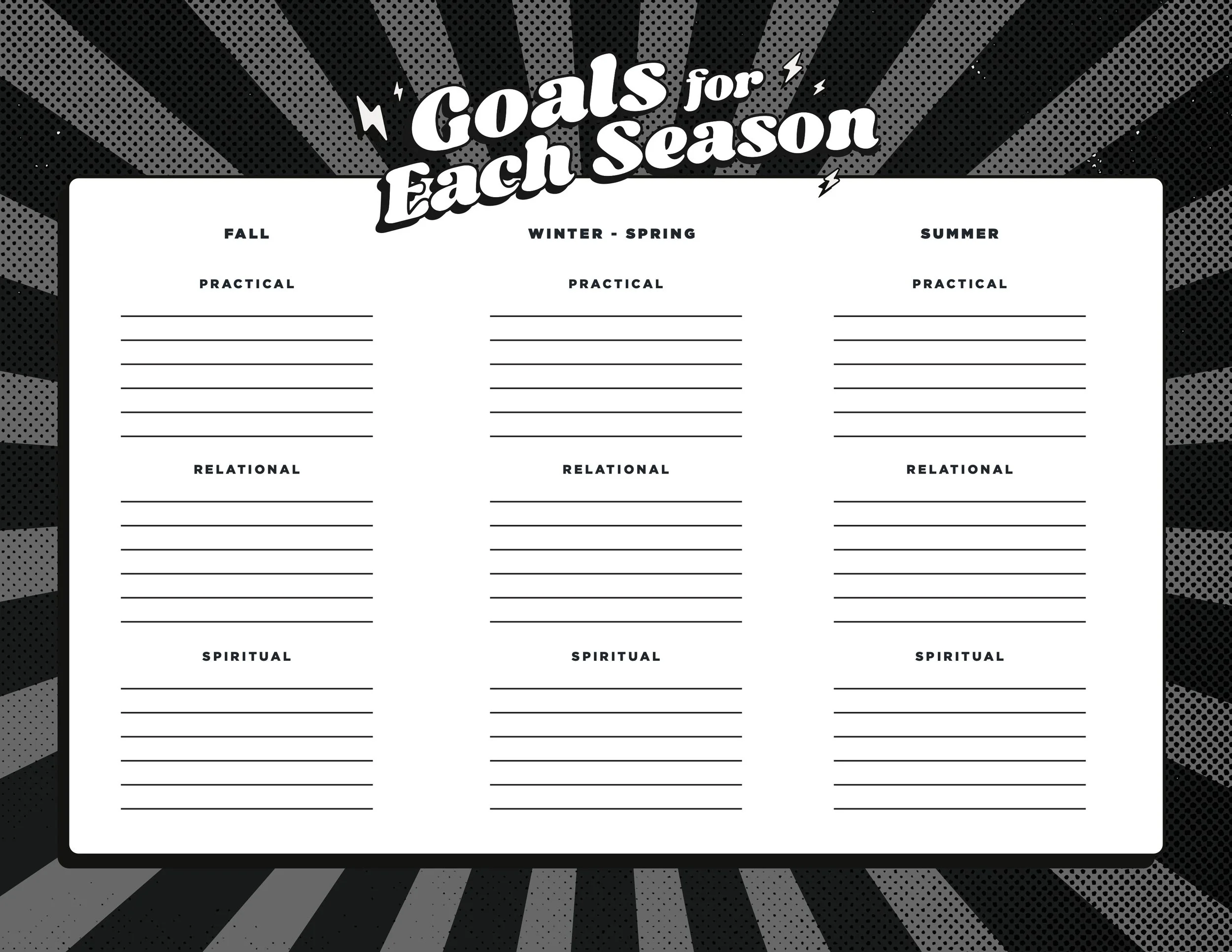 A printable goals worksheet titled 'Goals for Each Season' with sections for Fall, Winter - Spring, and Summer, each divided into Practical, Relational, and Spiritual goals, with lines for writing goals.