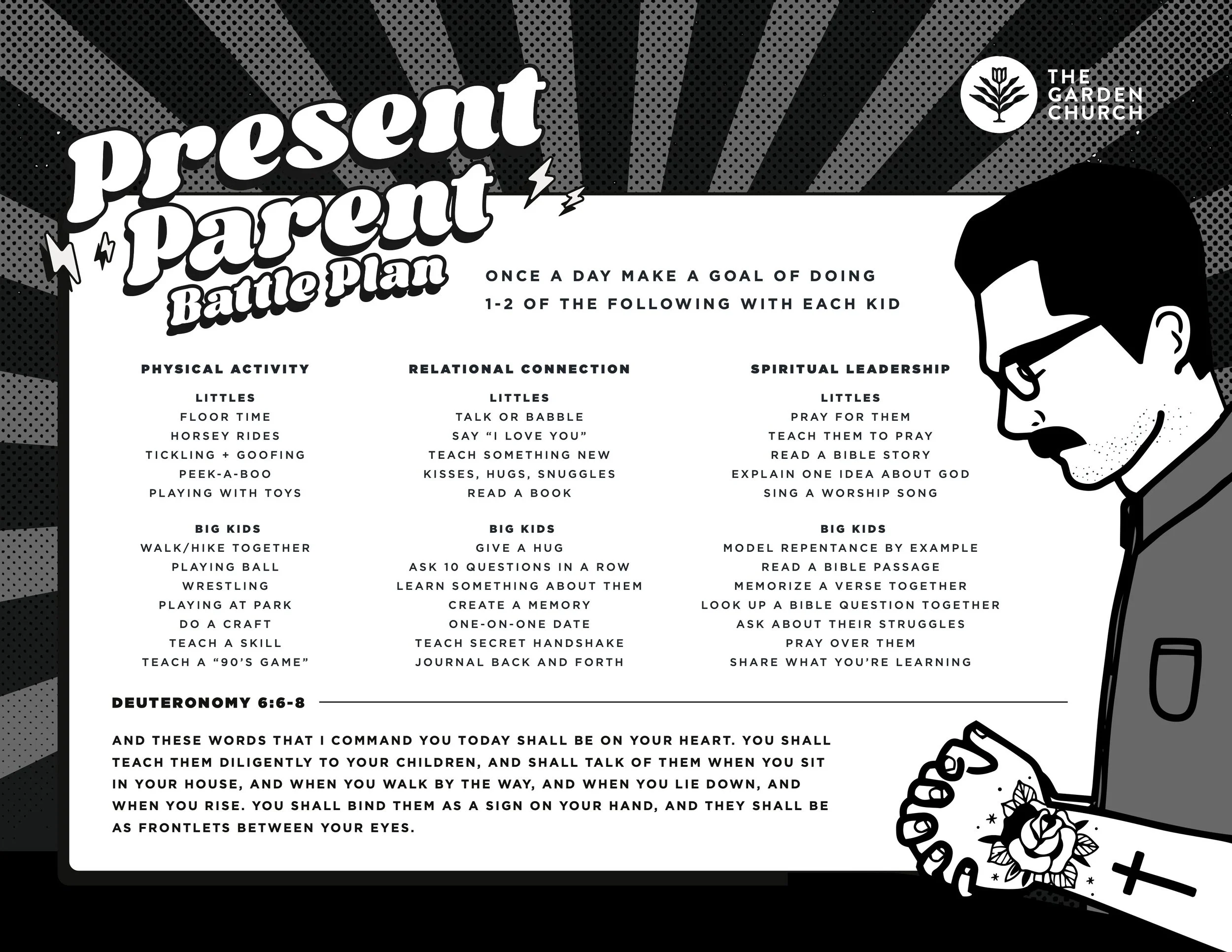 A black and white graphic with the title "Present Parent Battle Plan" and a list of activities divided into three categories: Physical Activity, Relational Connection, and Spiritual Leadership, each with suggested kid activities. Also includes a Bible verse from Deuteronomy 6:6-8 and an illustration of a man holding a tattoo gun tattooing a flower on his arm.