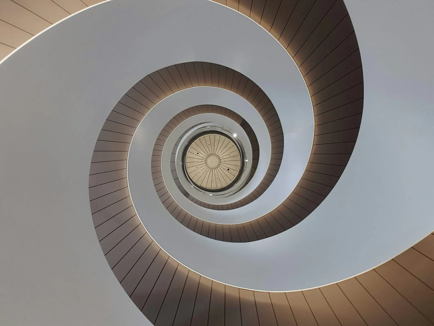 A spiral staircase photographed from below