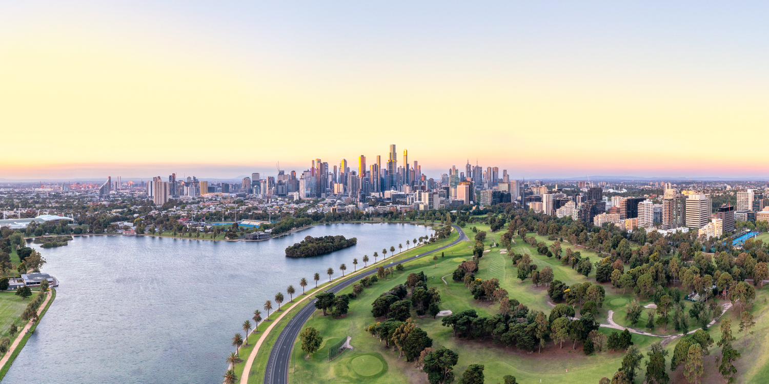 Aerial photograph of Albert Park and Melbourne at sunset
