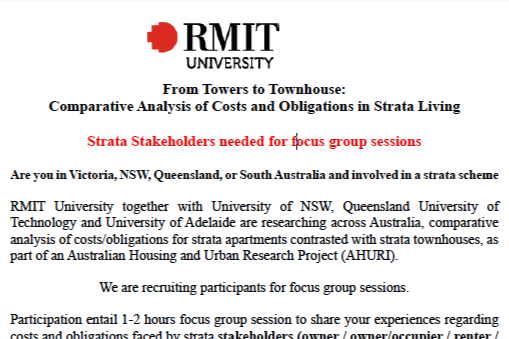 Call for Research participants: &nbsp;Comparative Analysis of Costs and Obligations in Strata Living&nbsp; 