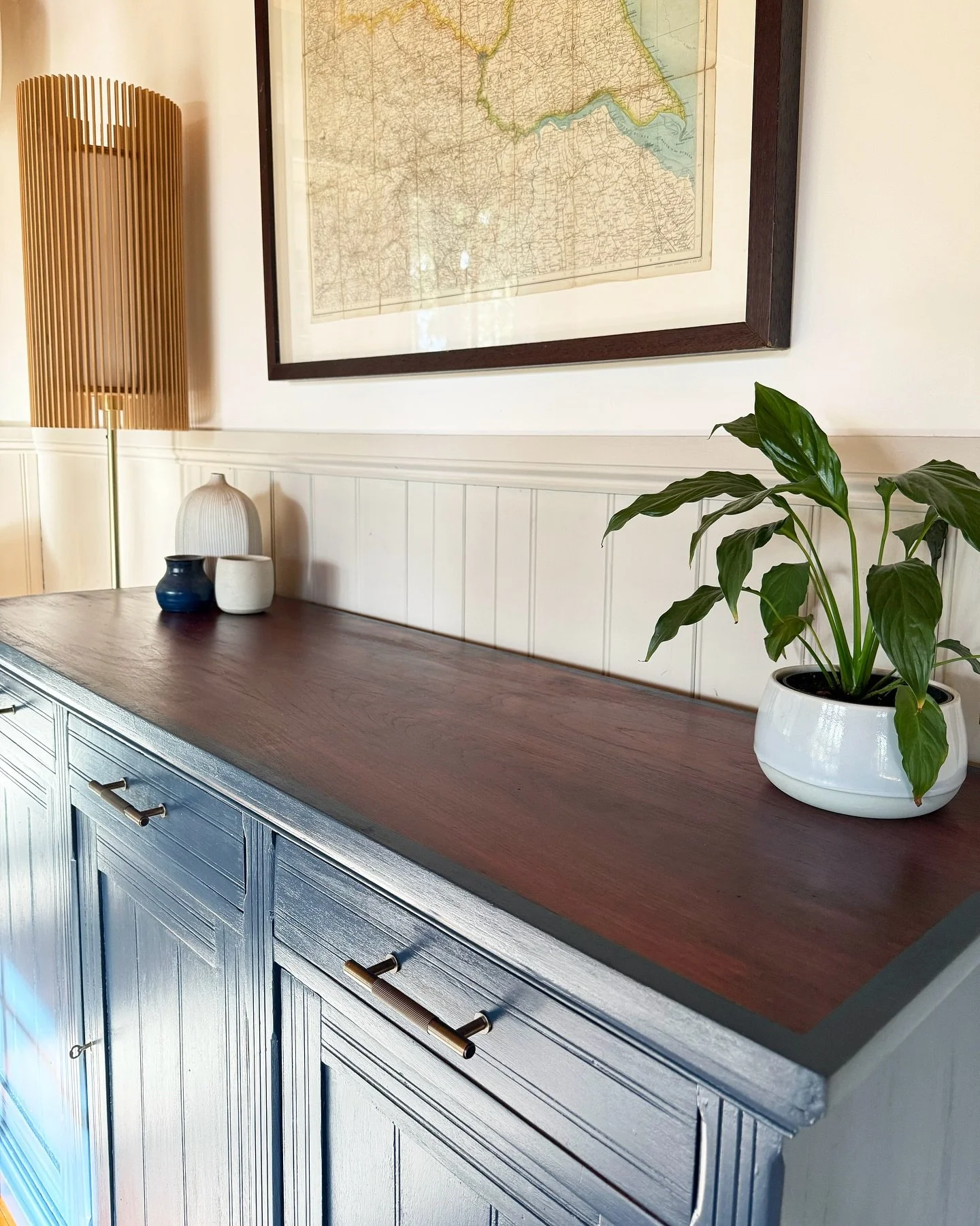 We&rsquo;re in love with this cabinet revival! Introducing the Midnight Runner Cabinet in Yacht Navy. 

This was a work of careful precision as we stripped away the initial render &amp; applied a delicately hand painted framed top with walnut finish,