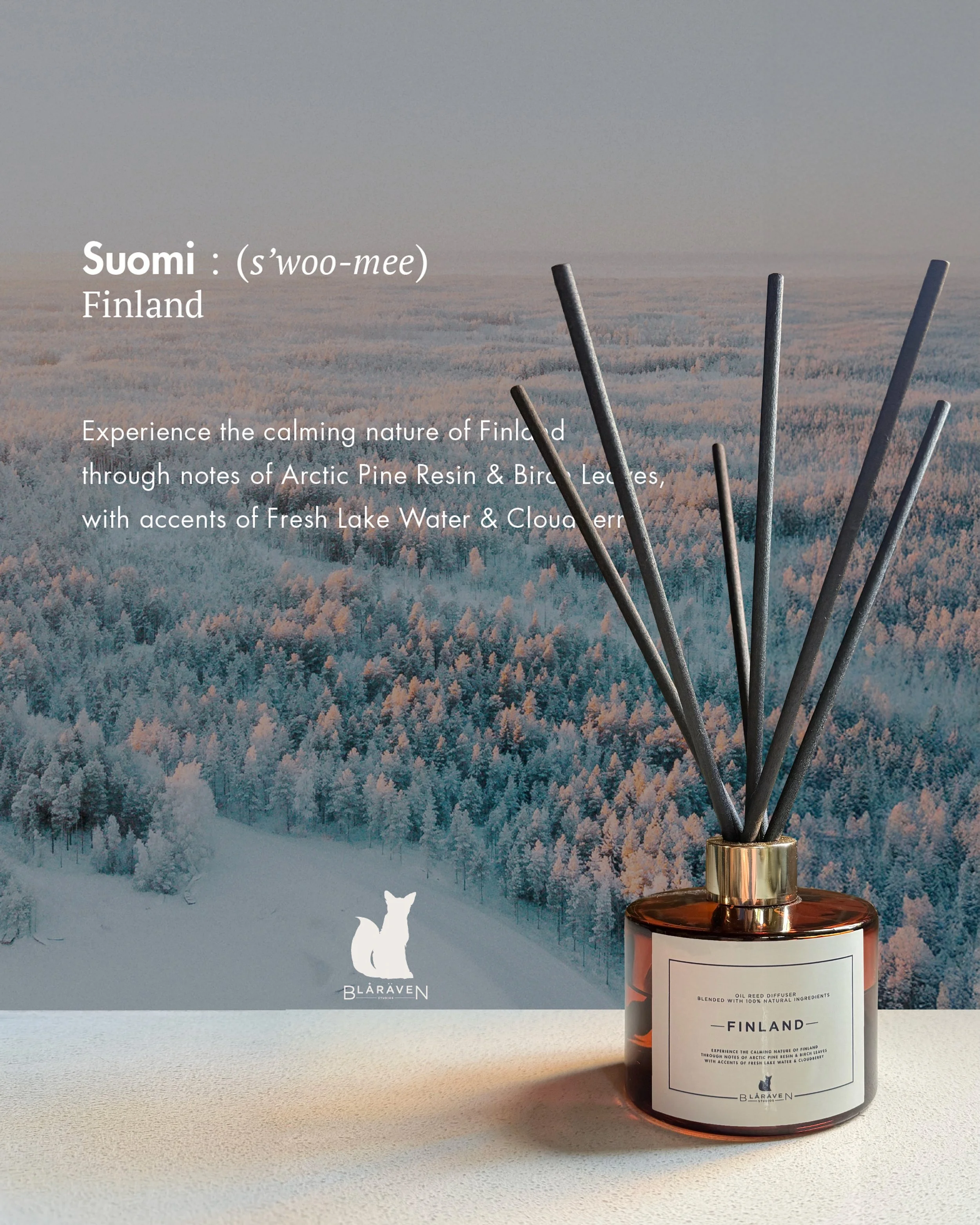 Bring a sense of calm and tranquility to your home with our Finland Reed Diffuser &amp; Candles from our signature scent collection. 

Inspired from the vast forested lake regions of Finland&rsquo;s north, this scent is steeped in arctic pine resin &
