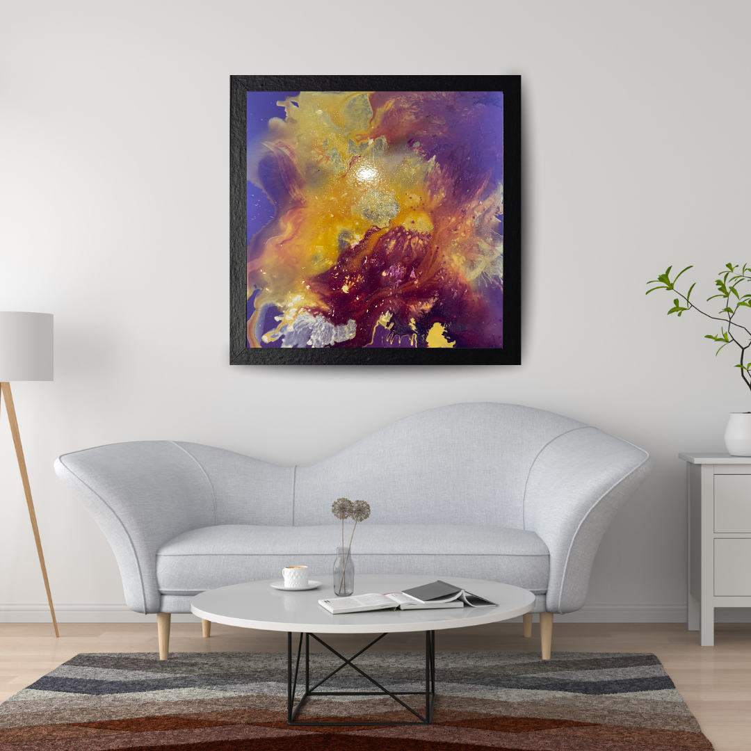 This abstract piece radiates energy and vitality through its bold forms and complementary colors. The balance of warmth and movement makes it a captivating work that uplifts any collection.