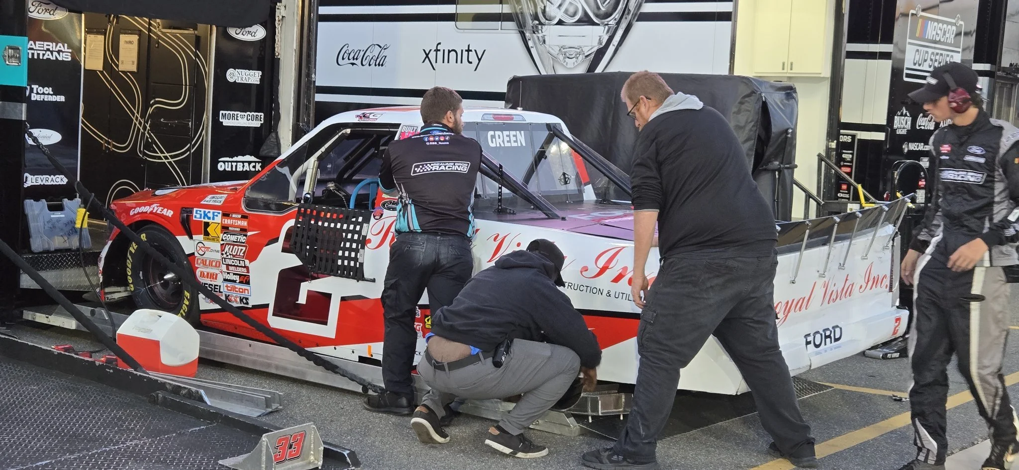 TRUCKS: Clayton Green parks his damaged truck during pace laps, moving him into LASTCAR lead with one race to go