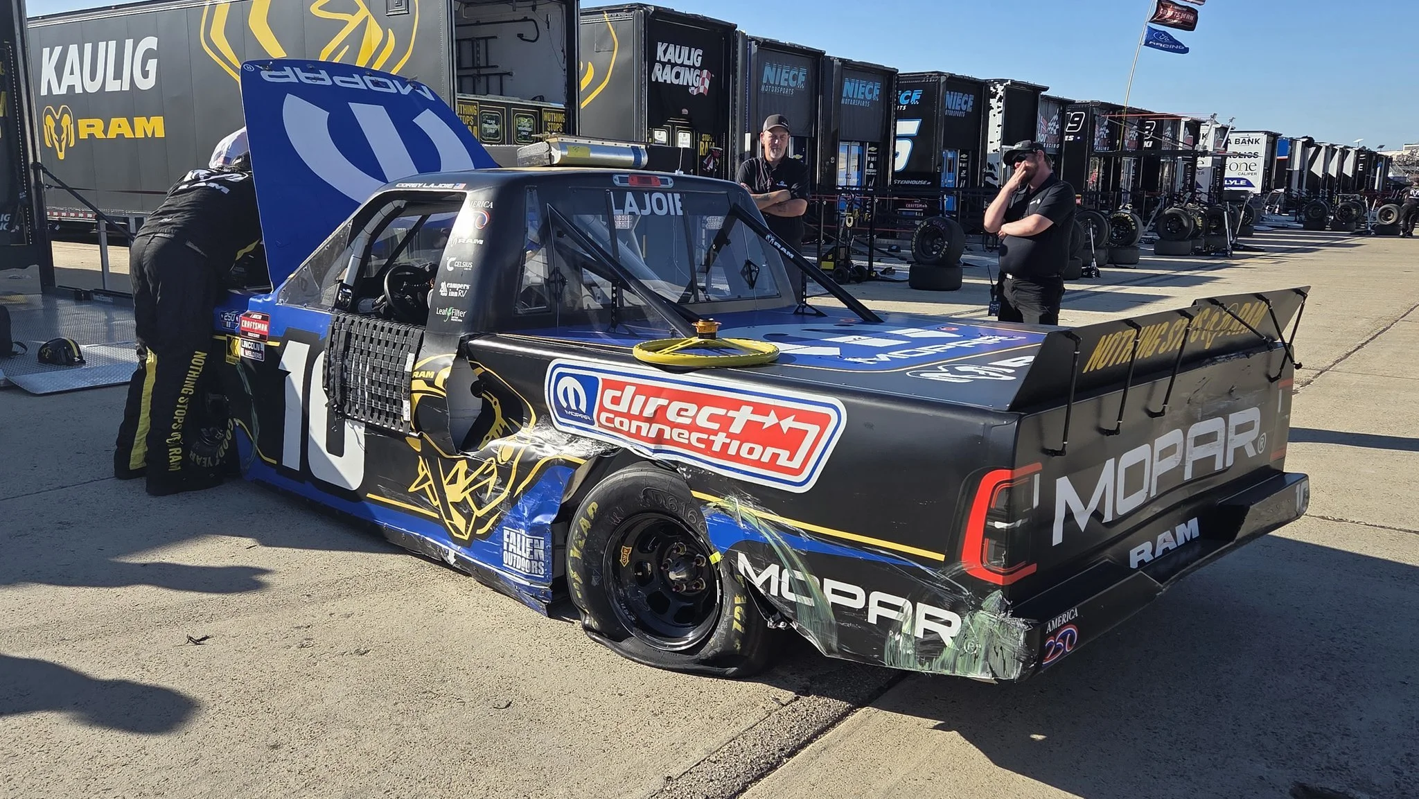 TRUCKS: Crash damage to left-rear hands Corey LaJoie RAM’s first last-place finish since 2015