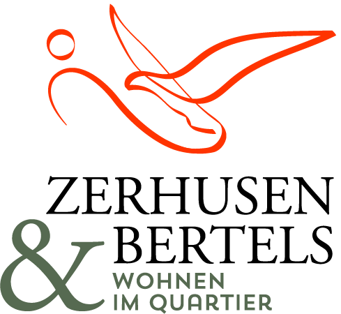 Logo von Zerhusen & Bertels mit einem stilisierten Vogel und dem Text "Wohnen im Quartier" darunter.