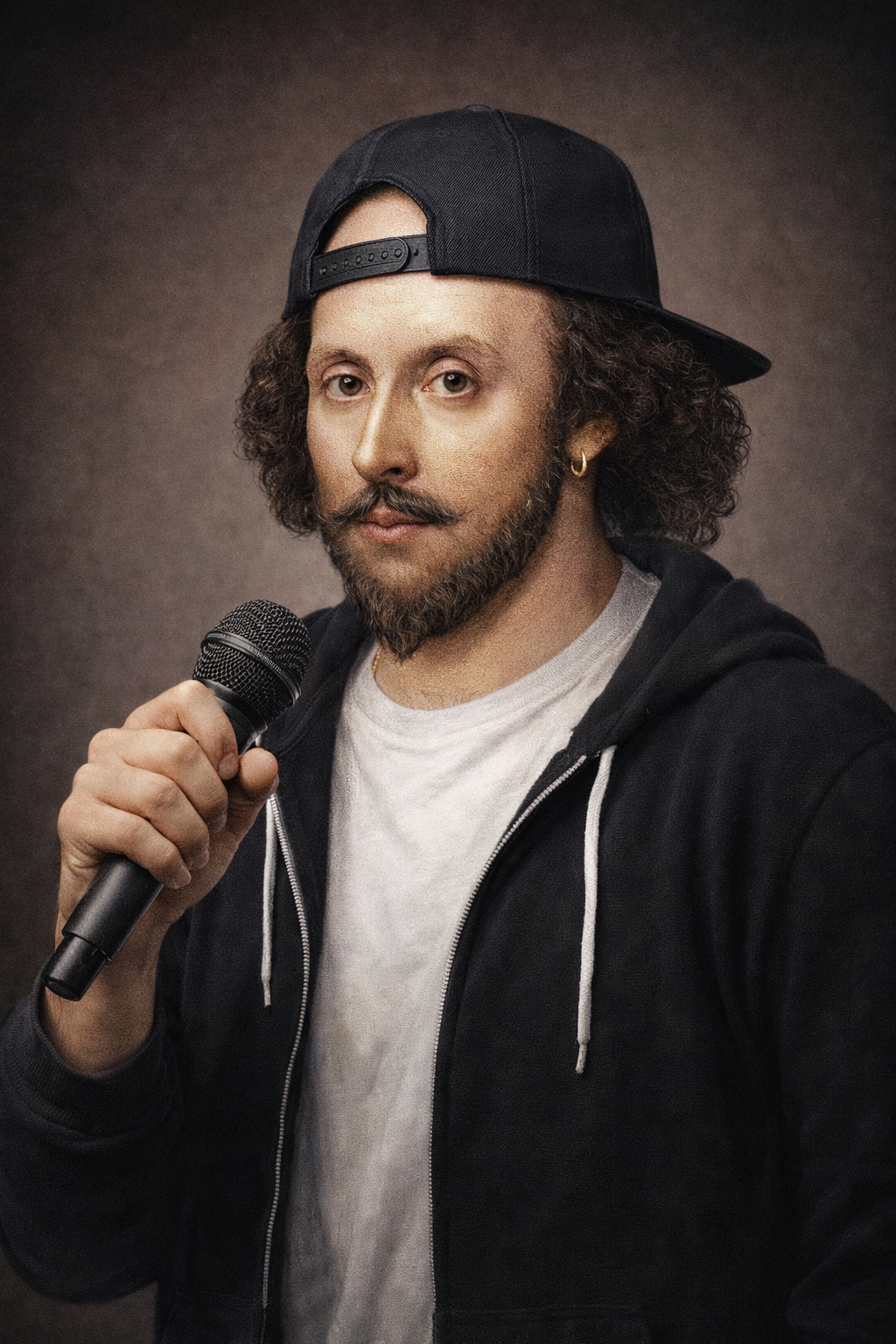 A man with curly hair and a beard, wearing a black baseball cap backwards, black hoodie, and white t-shirt, holding a microphone and looking at the camera.