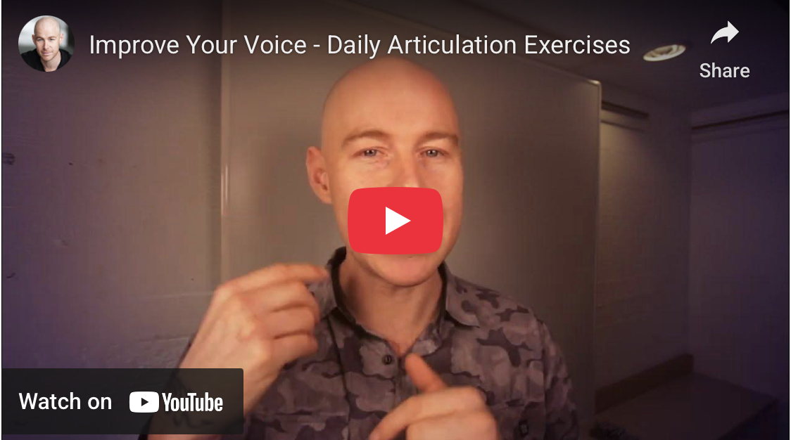 Thumbnail from a YouTube video titled 'Improve Your Voice - Daily Articulation Exercises' featuring a man with a bald head and wearing a camouflage shirt, standing in a room with neutral walls.