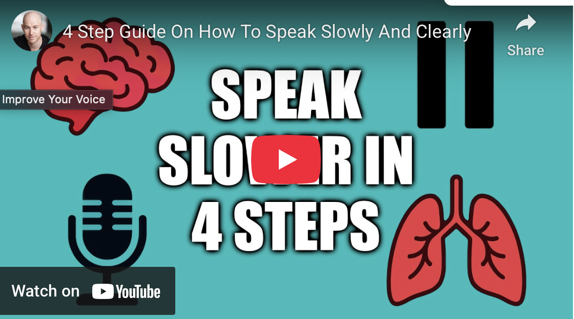 Thumbnail image for a YouTube video titled '4 Step Guide On How To Speak Slowly And Clearly'. The background is blue, featuring icons of a brain, lungs, and a microphone, with bold white text that reads 'Speak Slow or In 4 Steps'.