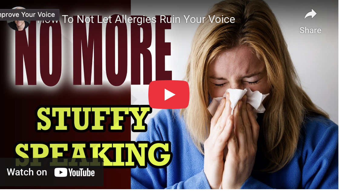 Thumbnail of a woman with red hair sneezing into a tissue, with large red and yellow text about avoiding allergies and stiff speaking.