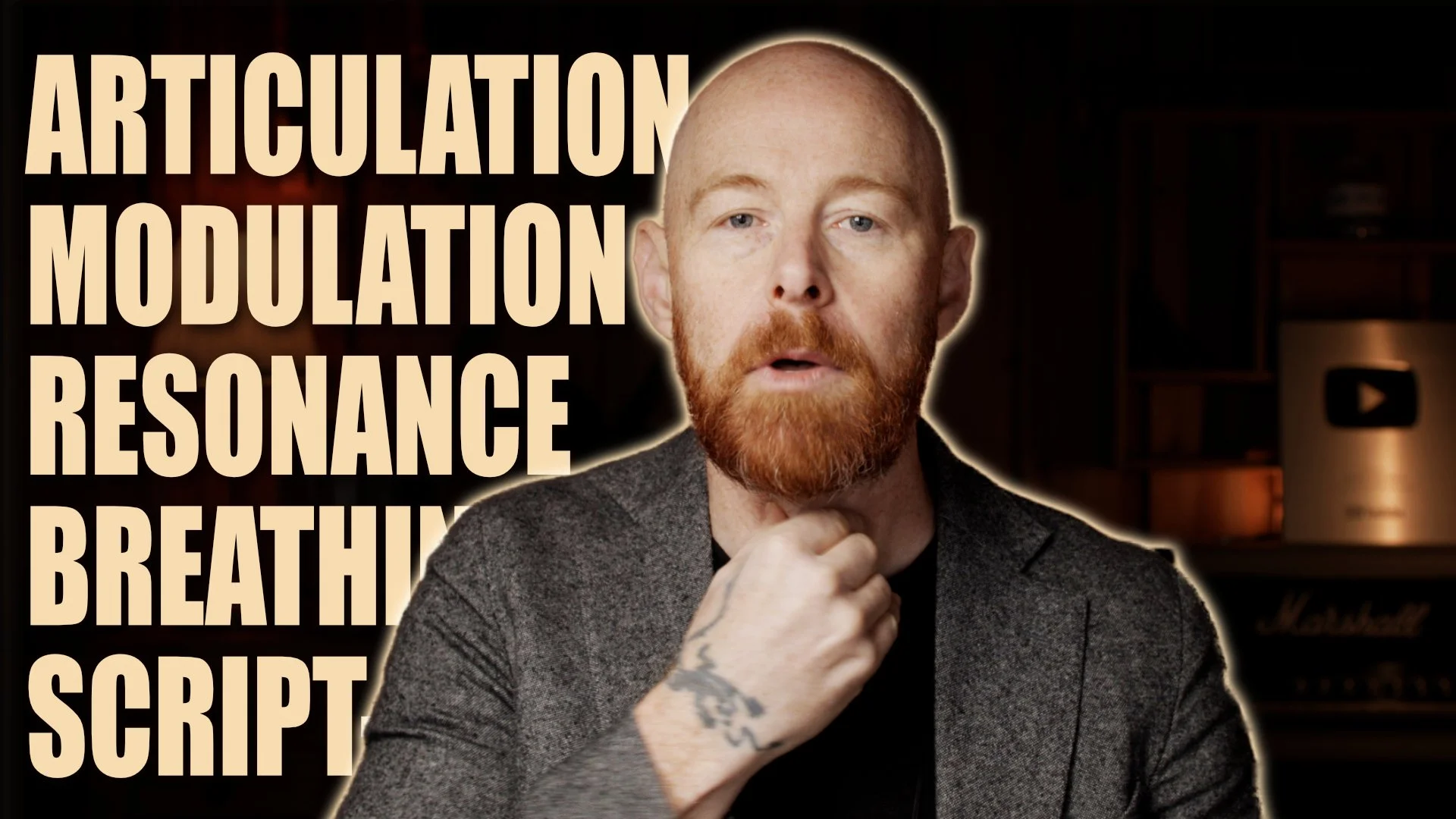 A man with red hair and beard holding his chin, looking at the camera, with text listing sound-related concepts and a YouTube play button in the background.