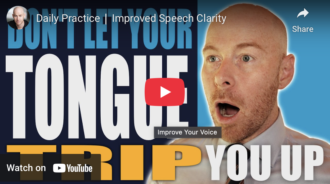 Thumbnail of a YouTube video titled 'Daily Practice | Improved Speech Clarity' featuring a man with a surprised expression against a blue background with large white, blue, and yellow text encouraging viewers not to let their tongue trip them up.