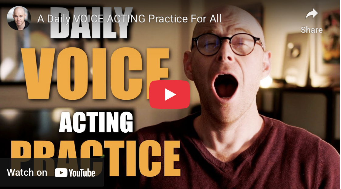 Thumbnail image for a YouTube video titled 'A Daily VOICE ACTING Practice For All.' The thumbnail features a bald man with glasses, mouth open wide, appearing to yawn or shout, in a room with framed pictures or artwork in the background. The text on the thumbnail reads 'DAILY VOICE ACTING PRACTICE' in large, bold letters.