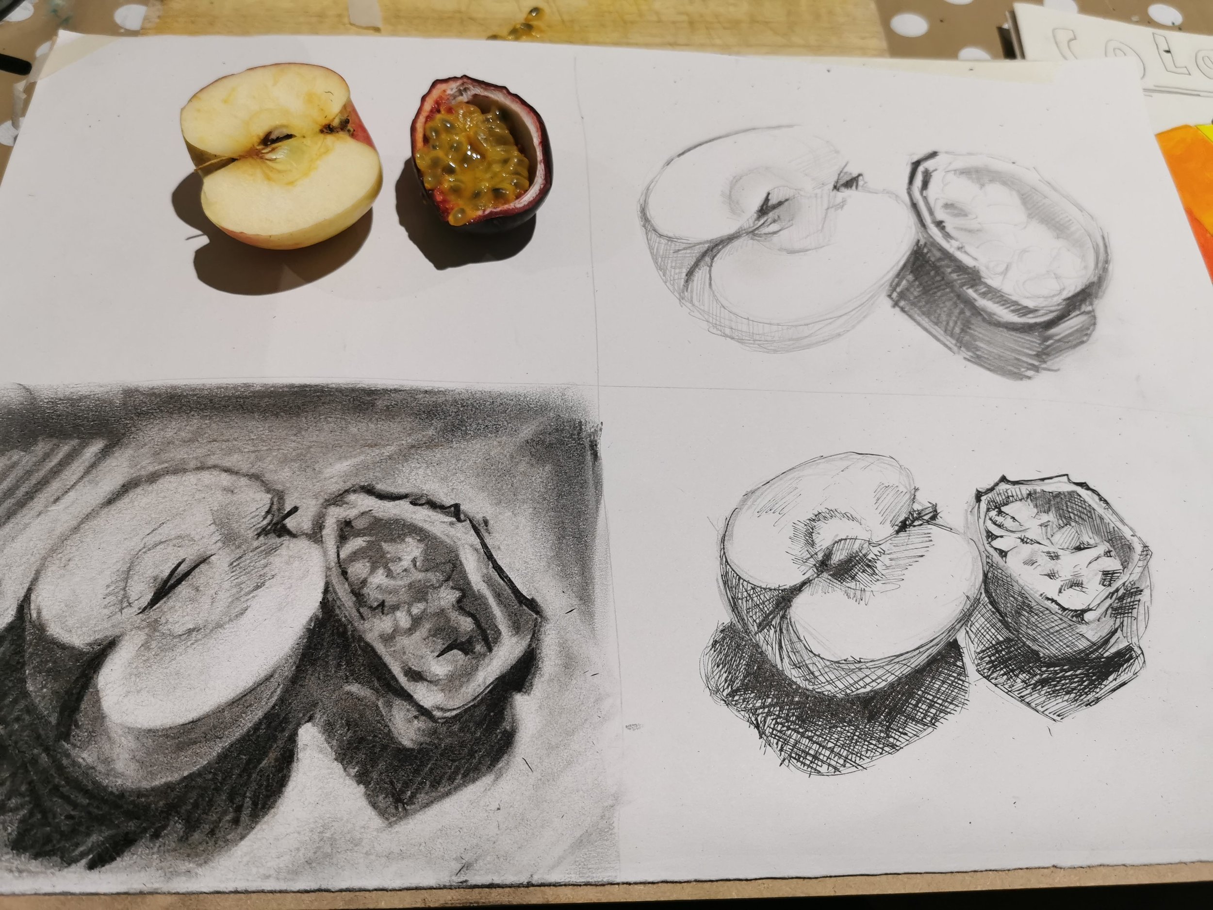 various drawings of an apple and passion fruit in different mediums.jpg
