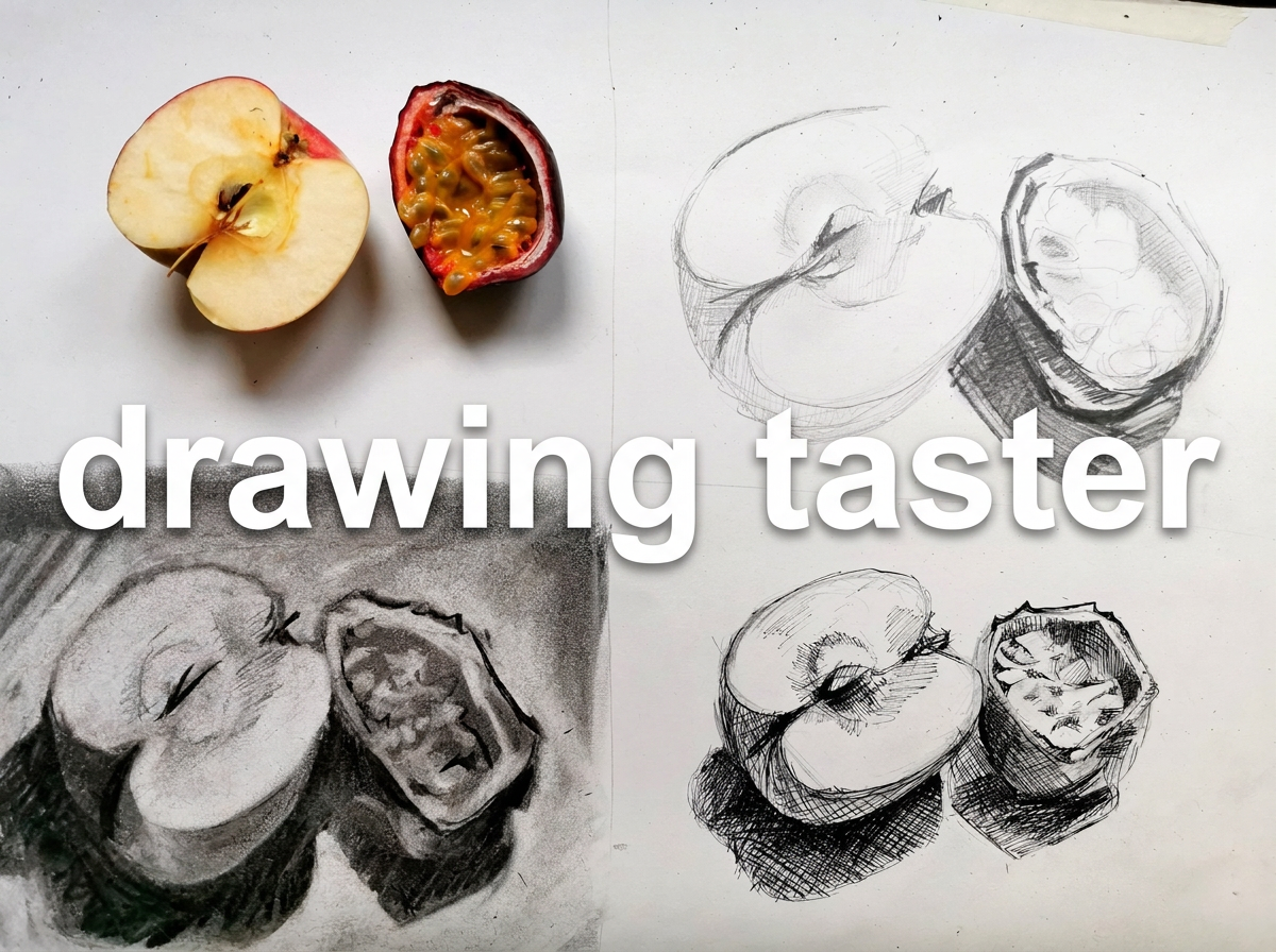 drawing taster graphic of apple and passion fruit