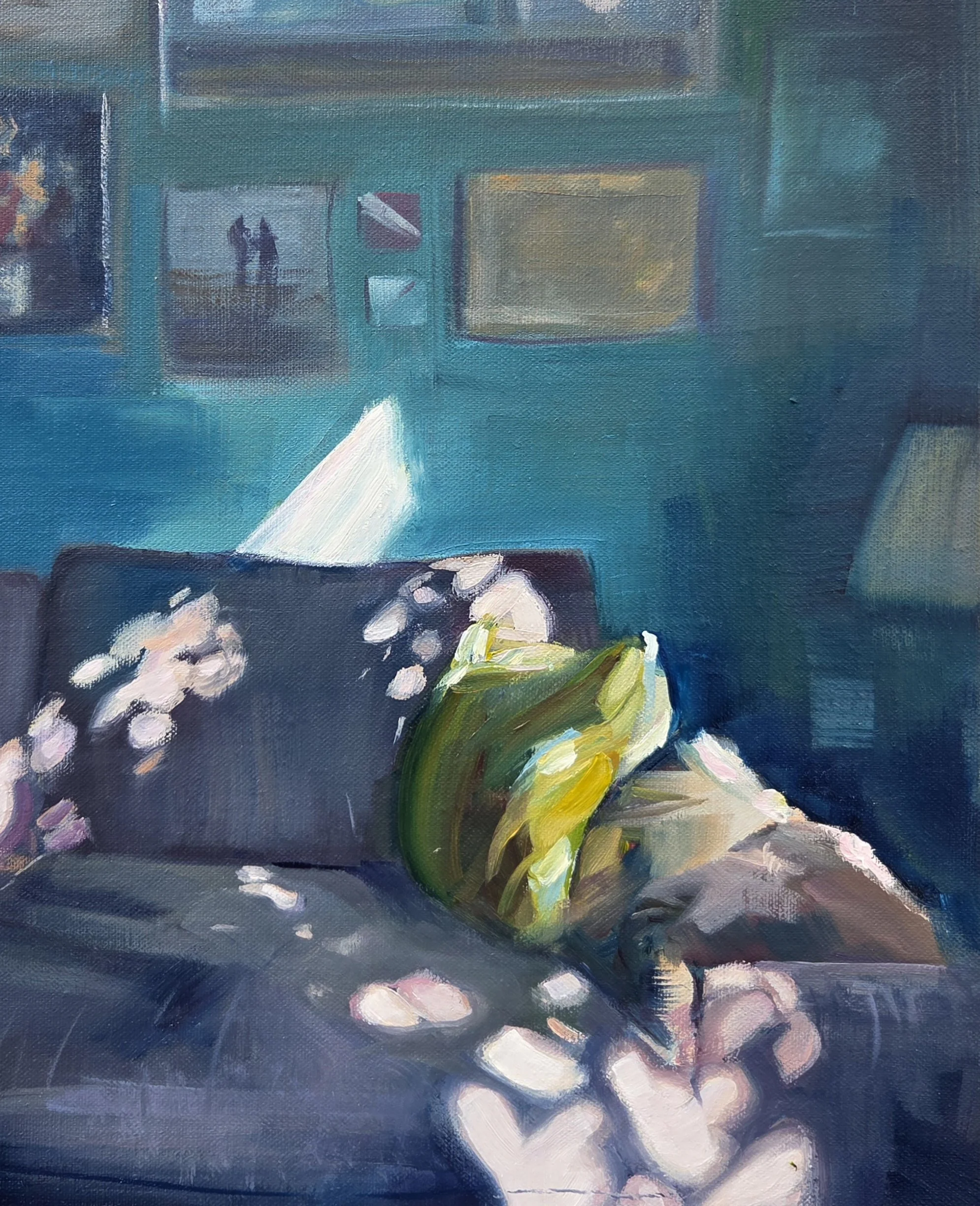 dappled light on sofa painting