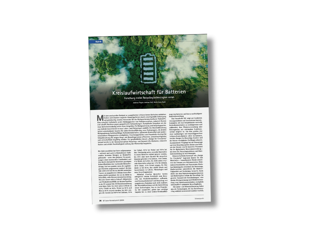 A magazine page featuring an article in German about battery recycling technology, with a header and an image of a green forest with a large battery icon superimposed on it.