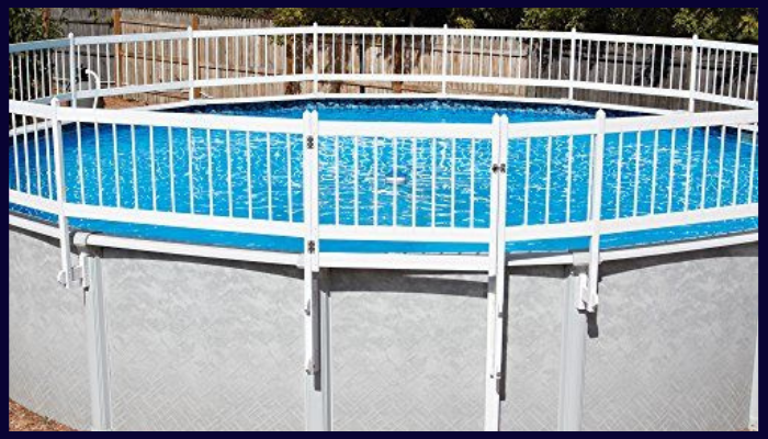 Above ground swimming pool with compliant safety fencing surrounding the perimeter.