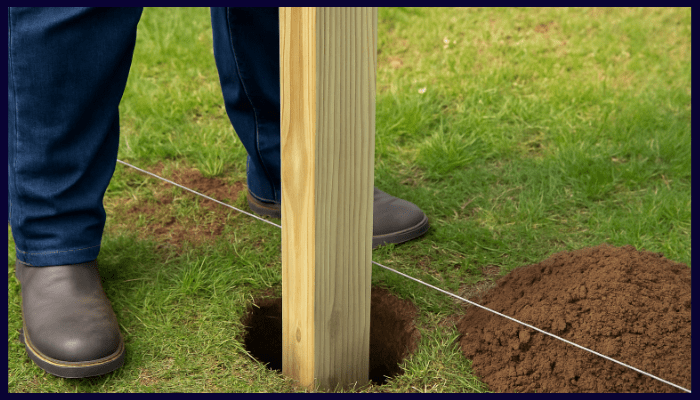 Proper fence post installation in Albury showing correct depth and string line alignment.
