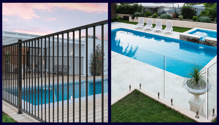 Side-by-side comparison of aluminium tubular pool fencing and frameless glass pool fencing highlighting cost differences.