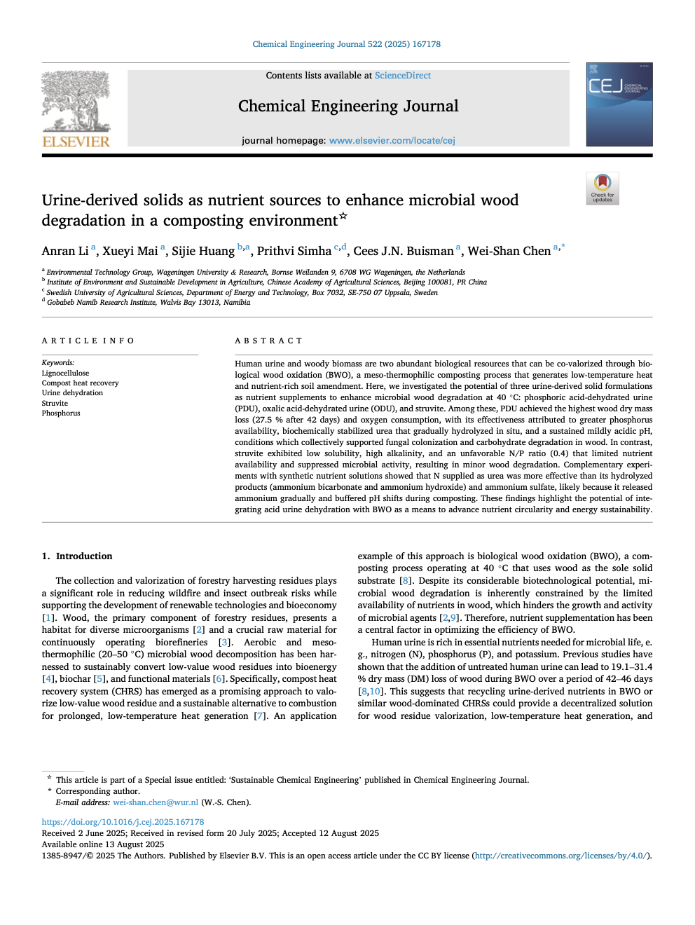 Urine-derived solids as nutrient sources to enhance microbial wood degradation in a composting environment