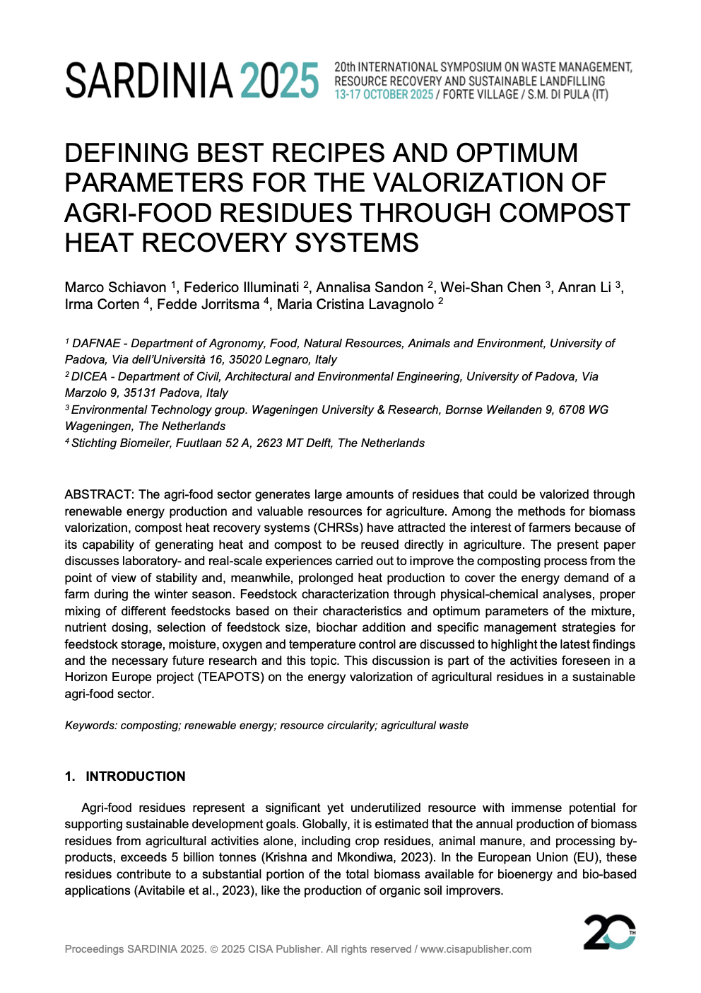  Defining Best Recipes and Optimum Parameters for The Valorization of Agri-Food Residues Through Compost Heat Recovery Systems