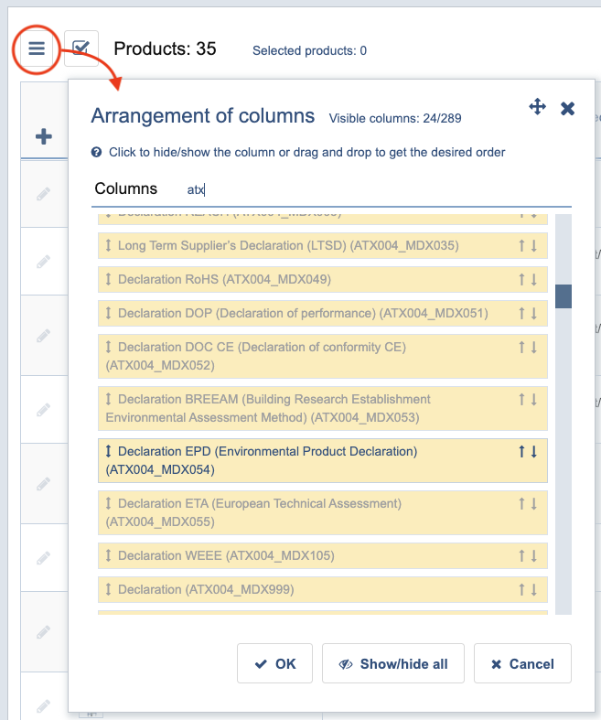 Tilføj “Vedhæftede filer”-kolonnerne under Arrangement af kolonner.