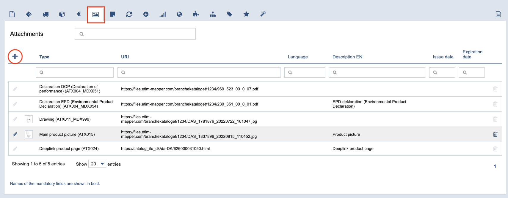 Fanen Vedhæftede filer. Oversigt over eksisterende tilknytninger og tilføjelse af nye filer.