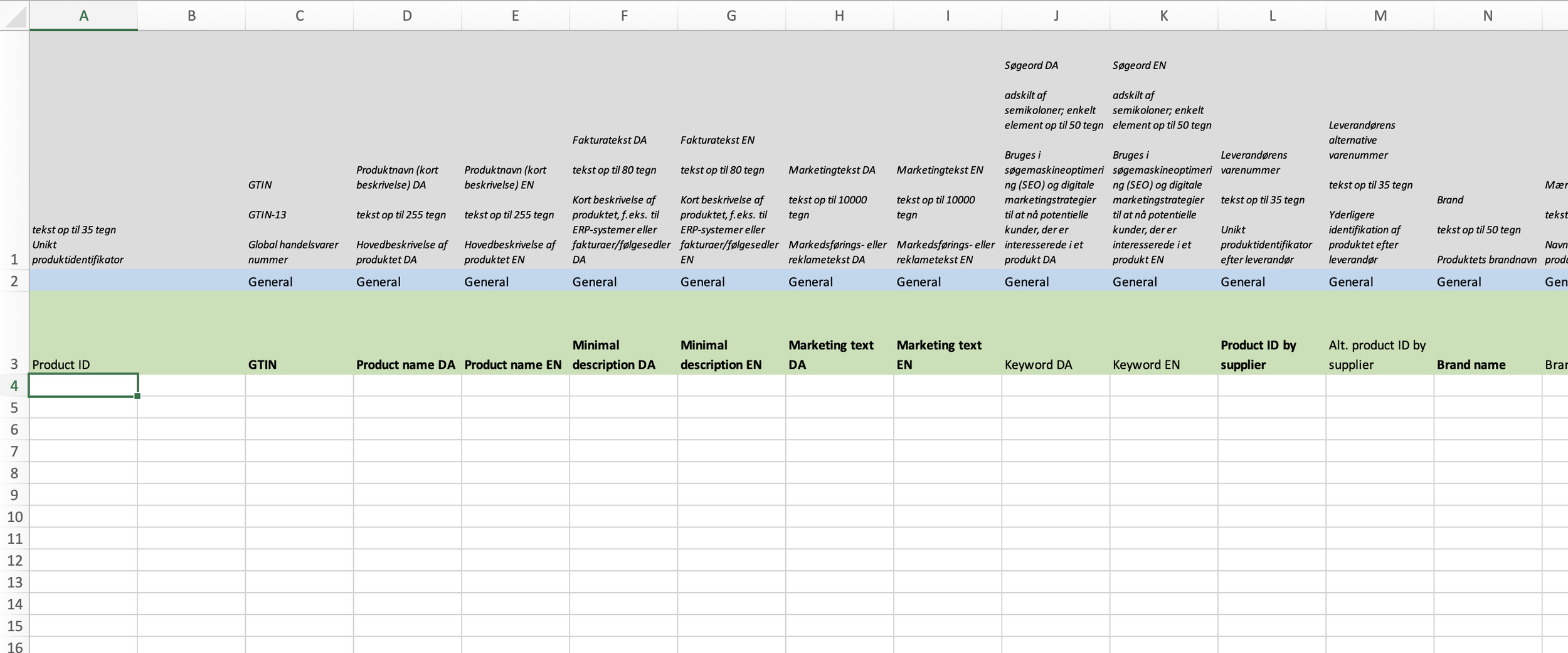 Tom Excel-skabelon, klar til at blive udfyldt med produktdata.