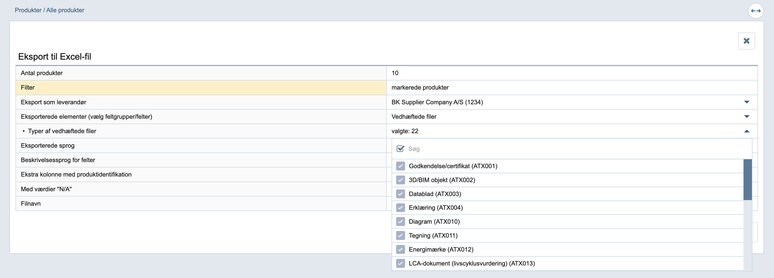 Eksportindstillinger for vedhæftede filer.
