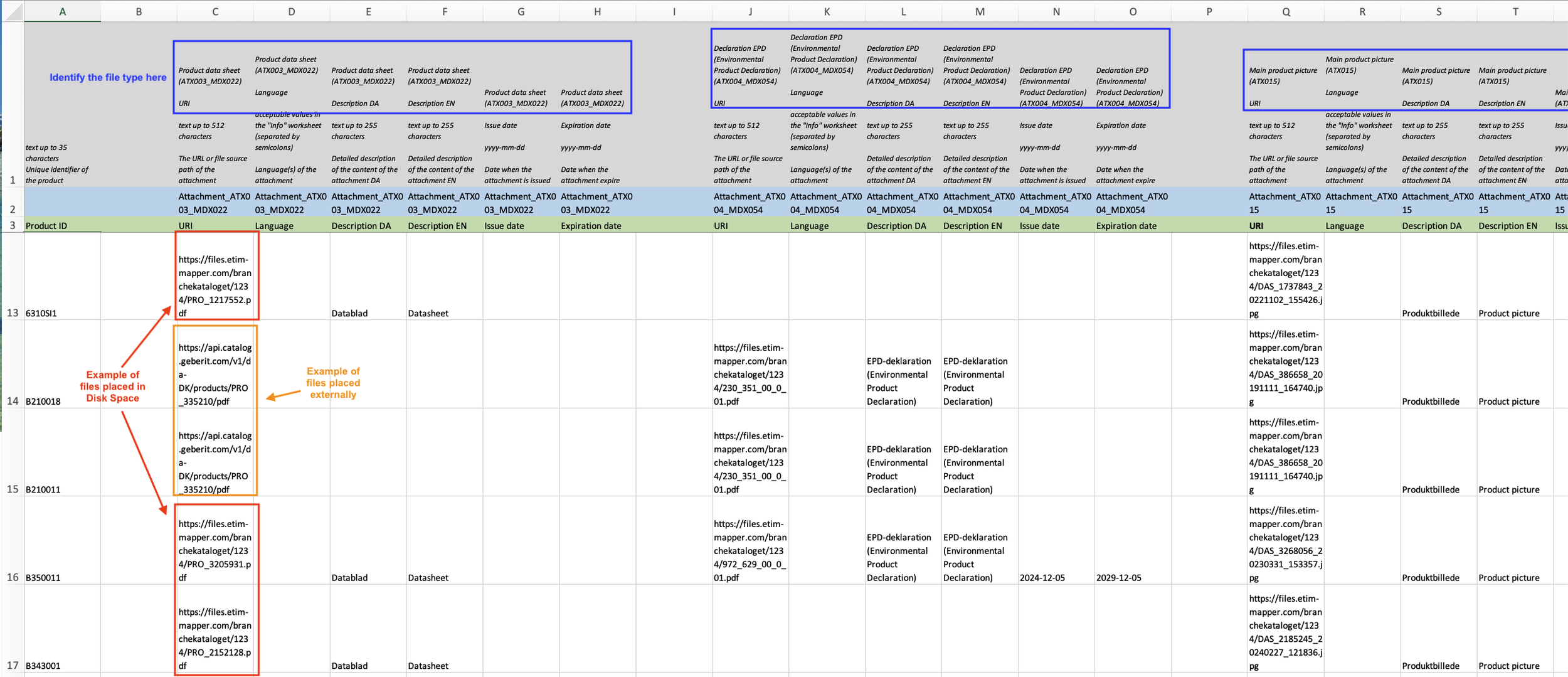 Behandling af vedhæftede filer i en eksporteret Excel-fil.