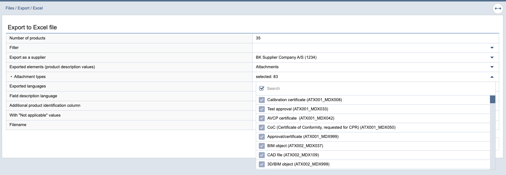 Eksportindstillinger for vedhæftede filer.