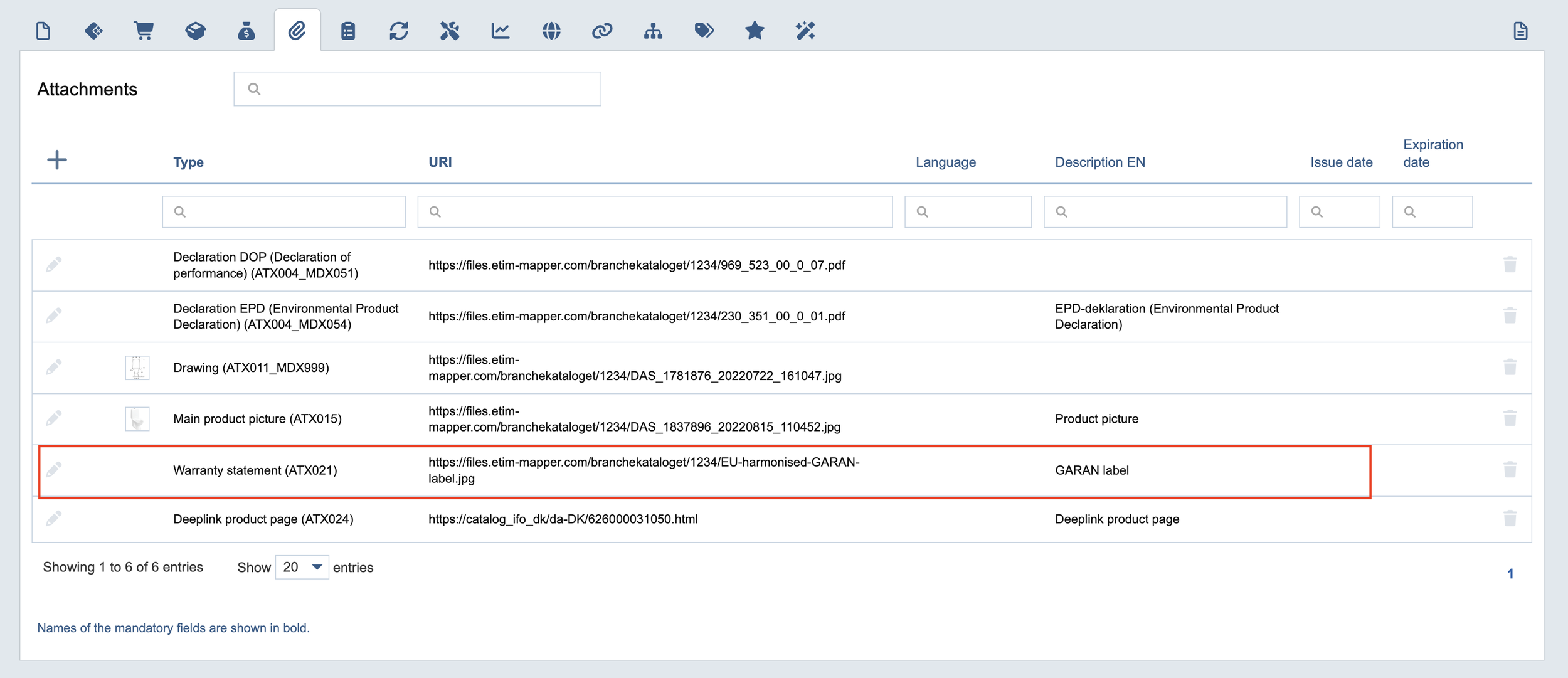 Visning af vedhæftning af GARAN-mærke i engelsk user interface.
