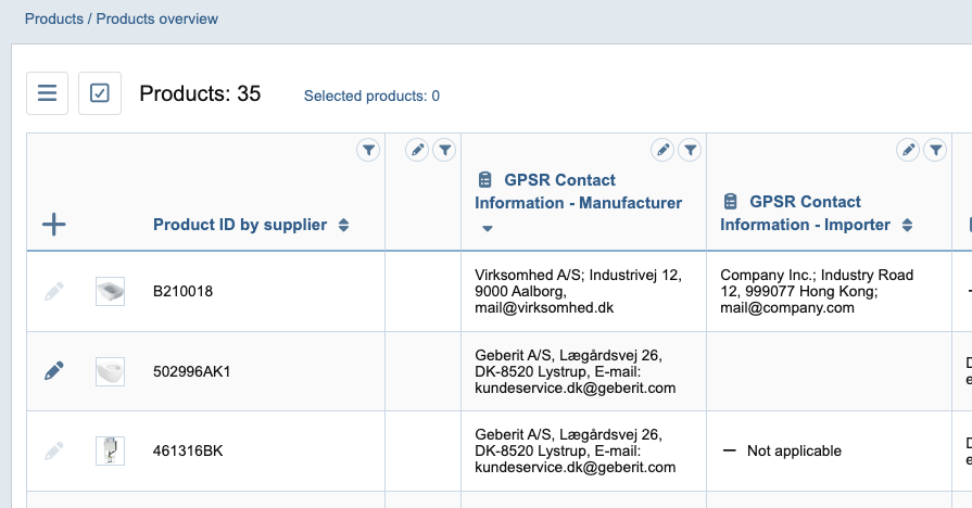 GPSR-felterne til kontaktoplysninger ifm. produktsikkerhed, som de er tilgængelige til masseopdatering i produktoversigten.