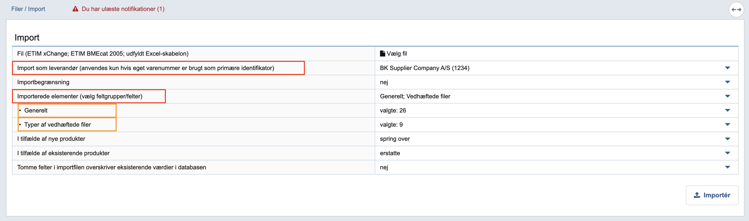 Importindstillinger ved import af Excel-ark.