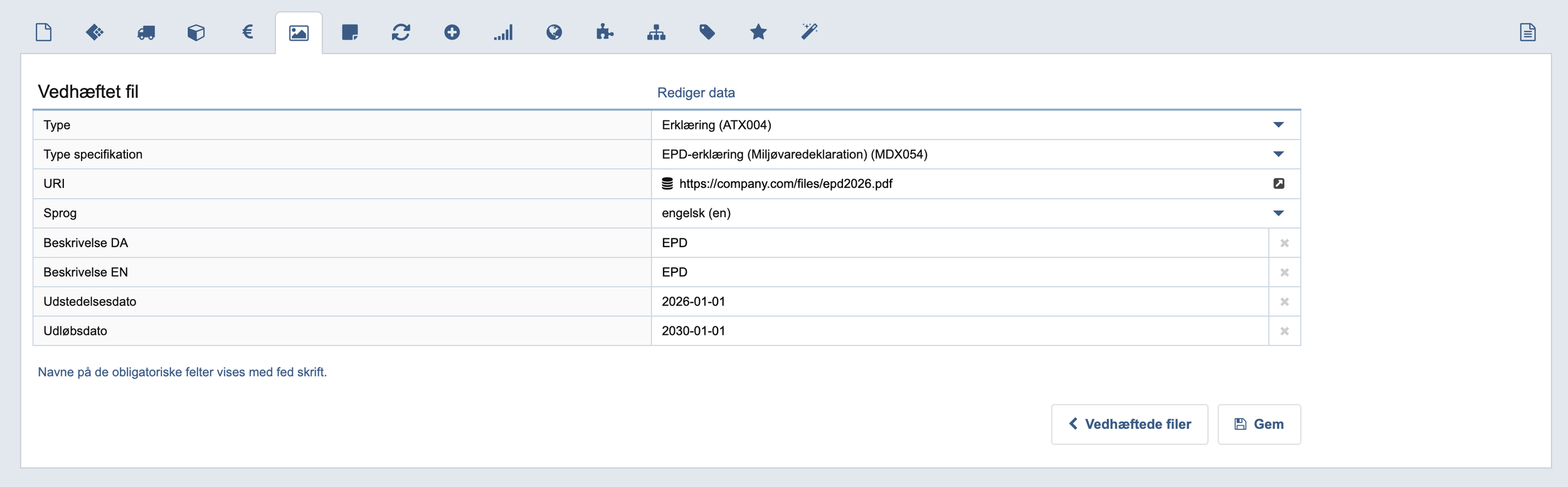 Eksempel på al data for vedhæftet fil.