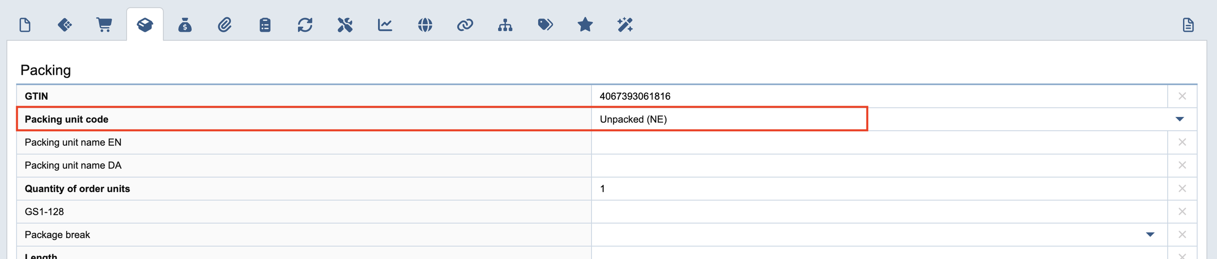 Registrering af et forpakningsniveau, der ikke indeholder emballage.