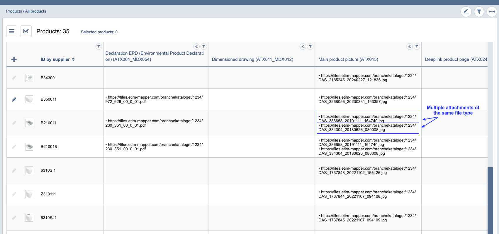 Oversigt over vedhæftede filer i tabelvisningen.