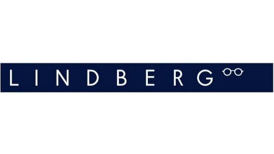 Lindberg logo with black background and white text, featuring an eyeglass icon over the letter G.