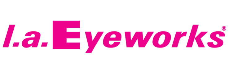 Logo for I.A. Eyeworks with magenta text on a black background.