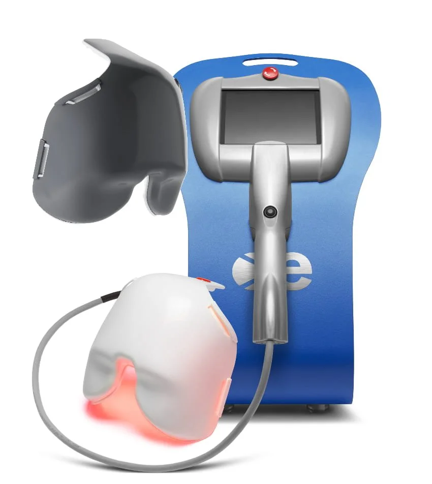 Medical device for dry eye, including a blue base unit, a handheld IPL device, a Dry eye face mask with glowing red light, and a gray object with a handle.