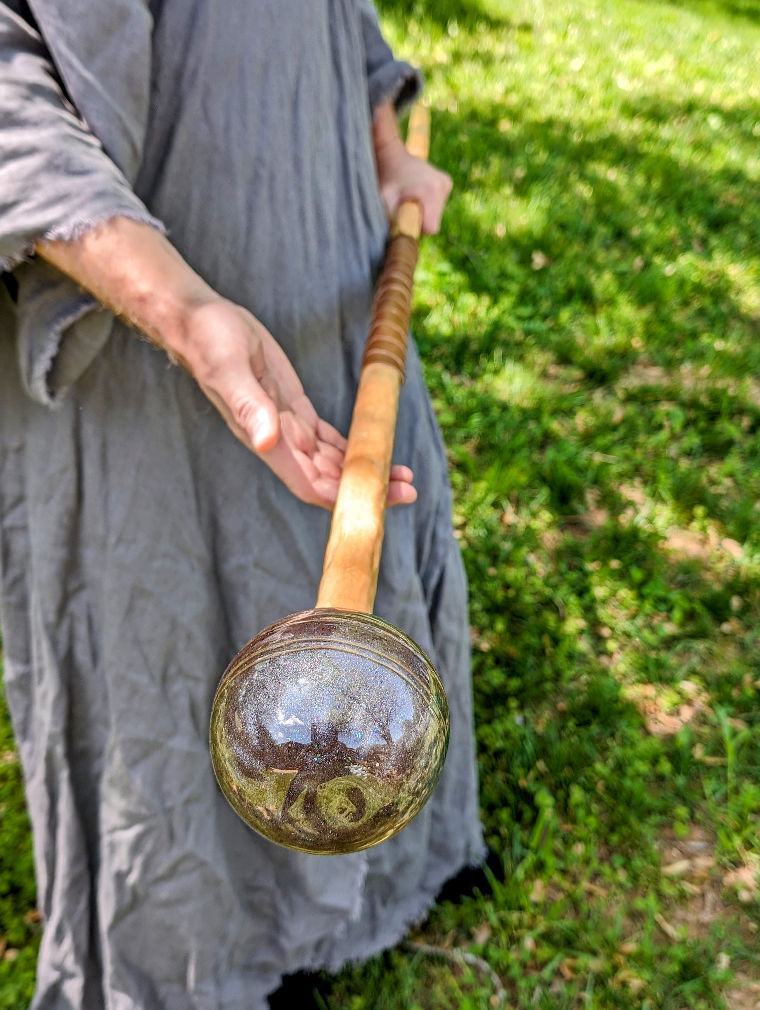 Ambrosia Maple Wizard's Walking Stick - Galaxy Sphere headpiece and on an Ambrosia Maple shaft