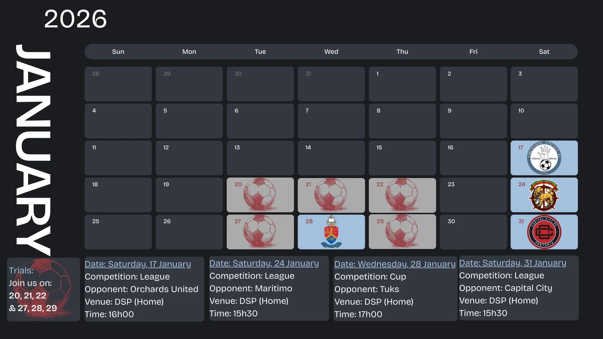 📅 OFFICIAL JANUARY SCHEDULE 📅
Here&rsquo;s everything you need to know about Berea Albion&rsquo;s January:
OPEN TRIALS:

Week 1: Jan 20, 21, 22

Week 2: Jan 27, 28, 29
(Spread the word to talented players!)

Promotion league FIXTURES (All at DSP):
