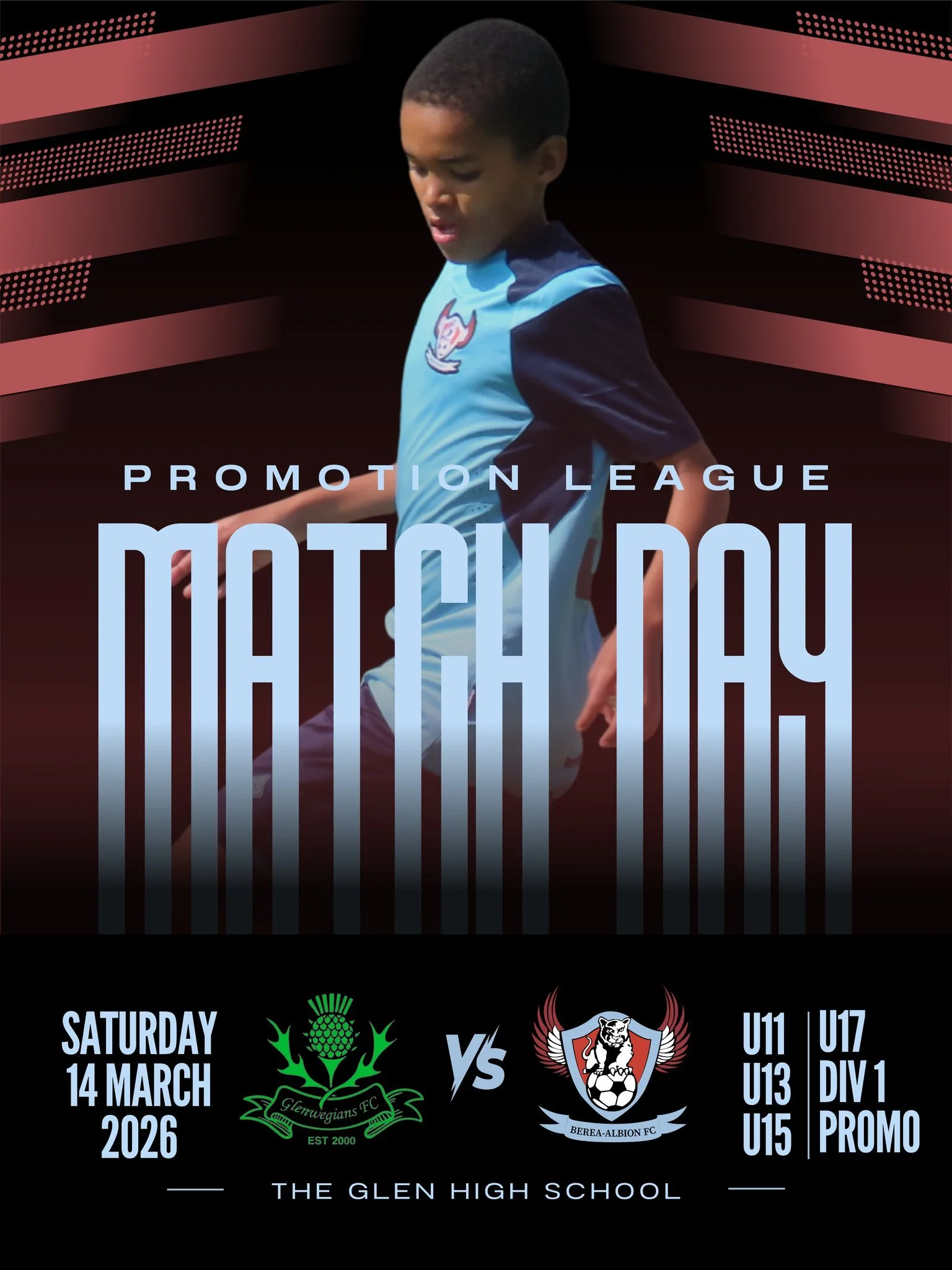 ⚽🔥 WEEKEND FIXTURES &ndash; BEREA ALBION FC 🔥⚽

📅 Saturday, 14 March

U11 Div 1 | Pretoria Athletic 🆚 Berea Albion | 🏟️ Woodhill College | ⏰ Fri 17h15
U11 Div 2 | COAPSA 🆚 Berea Albion II | 🏟️ Thatchfield HOA | ⏰ 08h00
U11 Div 3 | Glenwegians 